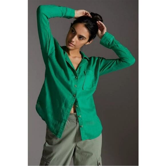 Anthropologie Tops - Anthropologie Maeve Linen Buttondown Kelley Green Patch Picket Womens Size S
